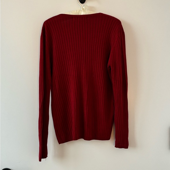 VINTAGE 90s 100% Silk Red Ribbed Button-Up Cardigan Sweater Top V-Neck - Picture 2 of 11